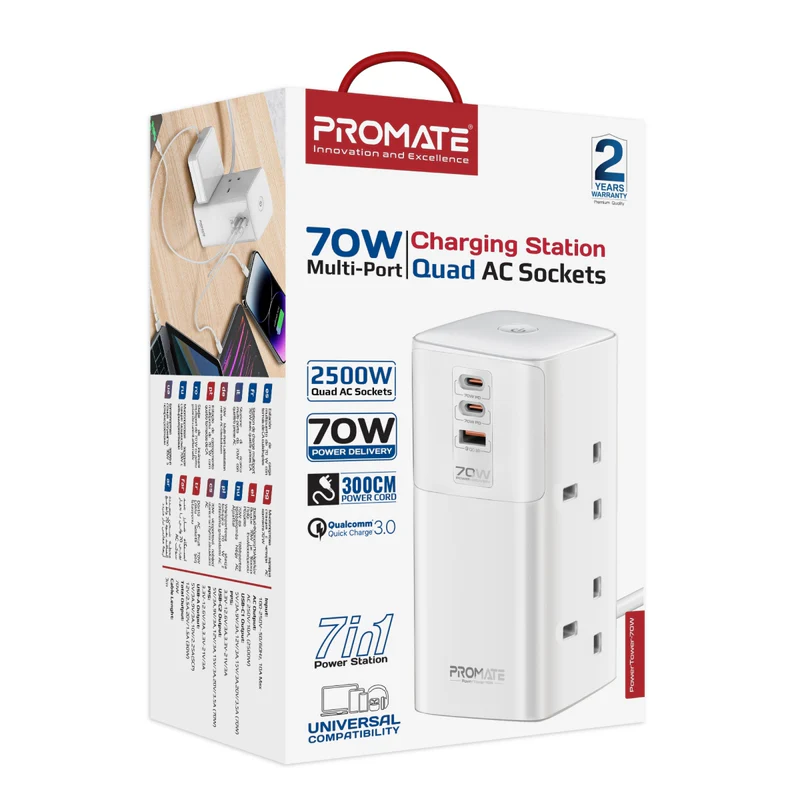 Promate PowerTower 70W Multi-Port Charging Station with Quad AC Sockets Promate PowerTower 70W Multi-Port Charging Station with Quad AC Sockets